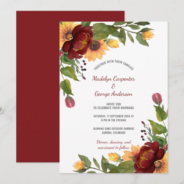 Invitation Mariage de tournesols de Bourgogne et de pivoines  (Devant / Derrière)