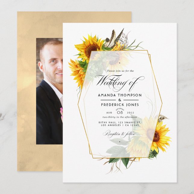 Invitation Mariage de tournesols géométriques d'or (Devant / Derrière)
