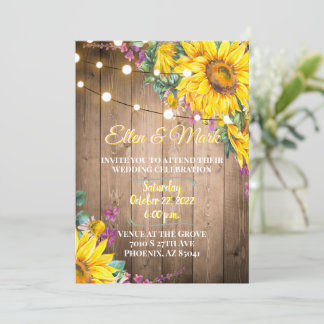 Invitation Mariage de tournesols rustique jaune et violet