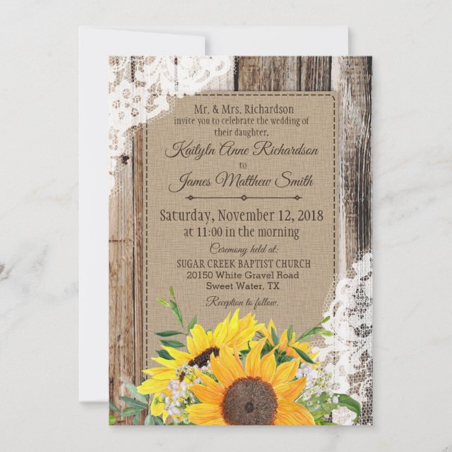 Invitation Mariage de tournesols rustiques (Devant)