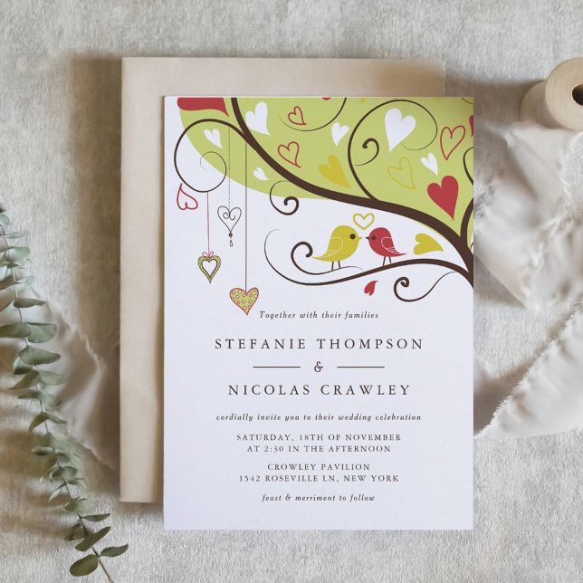 Invitation Mariage de tourterelles blanches et rouges (Yellow and Red Lovebirds Wedding Invitation)