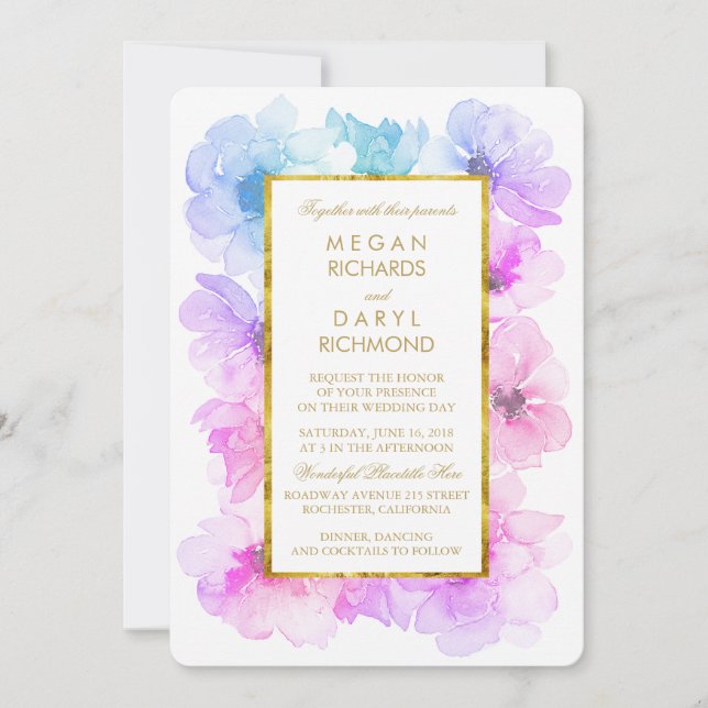 Invitation Mariage de trame dorée violet et bleu Floral (Devant)