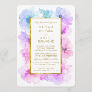Invitation Mariage de trame dorée violet et bleu Floral