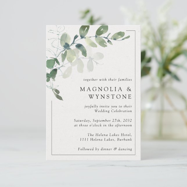 Invitation Mariage de trame Eucalyptus moderne (Debout devant)