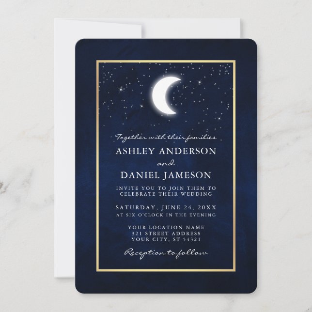 Invitation Mariage de trame or des étoiles de lune céleste (Devant)