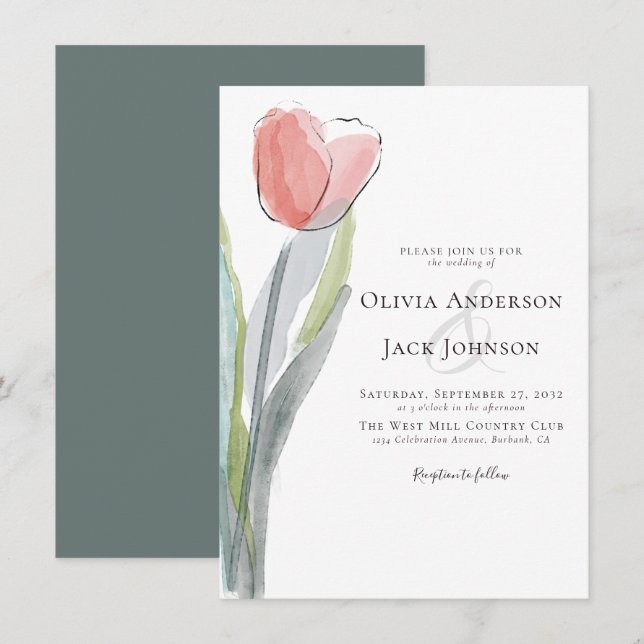 Invitation Mariage de tulipe aquarelle (Devant / Derrière)