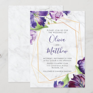 Invitation Mariage de tulipes violettes en marbre géométrique