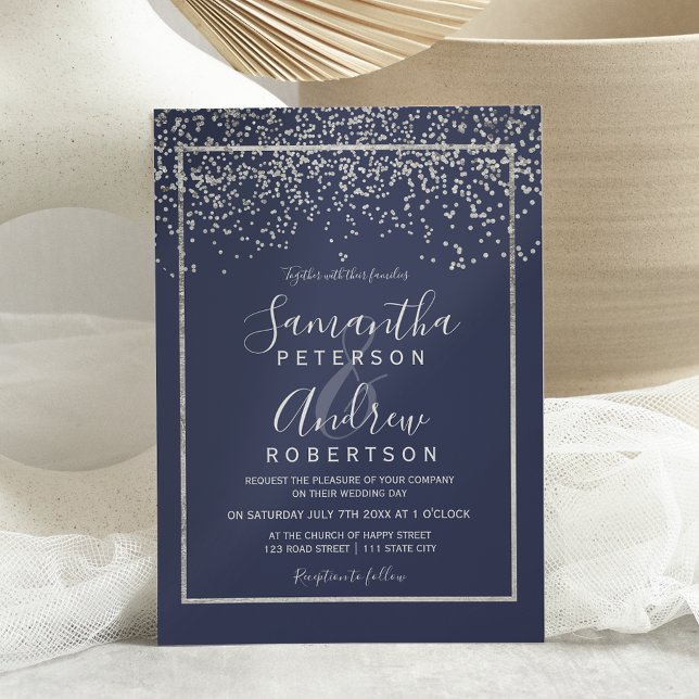 Invitation Mariage de typographie bleu marine confetti d'arge (Créateur téléchargé)