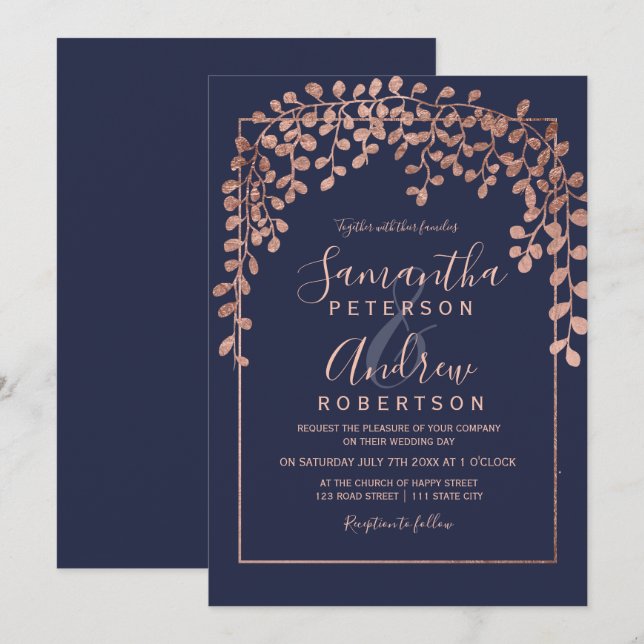 Invitation mariage de typographie bleu marine de la feuille d (Devant / Derrière)