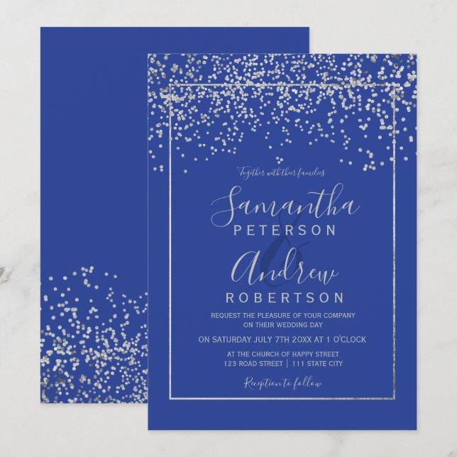 Invitation Mariage de typographie bleu roi de confetti d'arge (Devant / Derrière)
