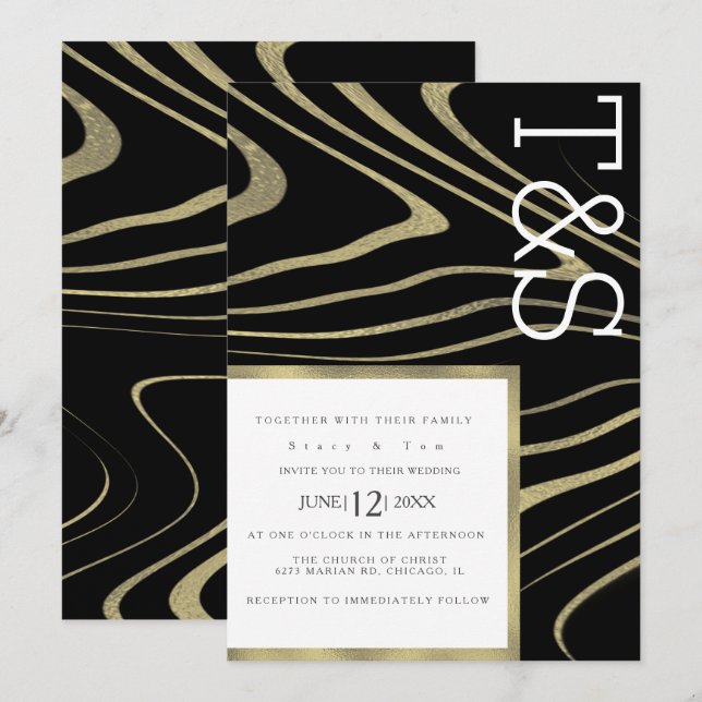 Invitation Mariage de typographie d'agate en or liquide marbr (Devant / Derrière)