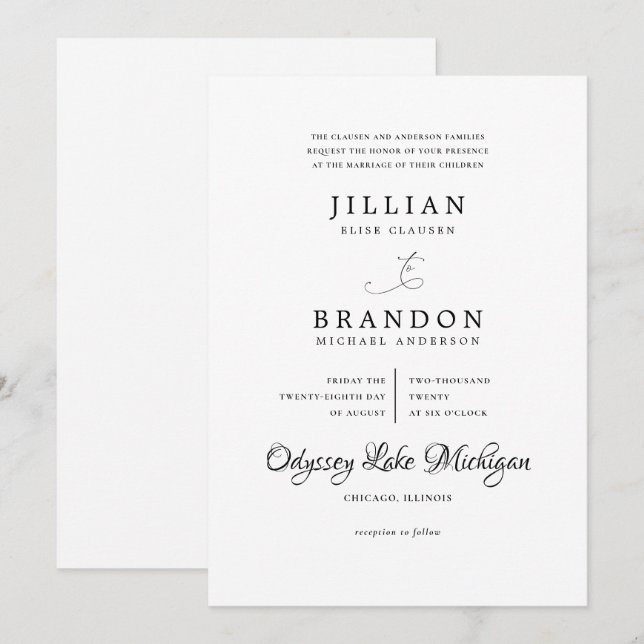 Invitation Mariage de typographie minimaliste moderne noir et (Devant / Derrière)