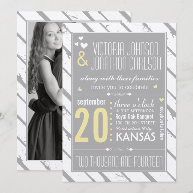 Invitation Mariage de typographie moderne gris et jaune (Devant / Derrière)