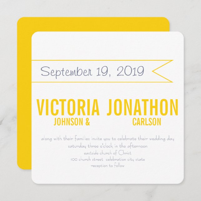 Invitation Mariage de typographie moderne jaune et gris (Devant / Derrière)