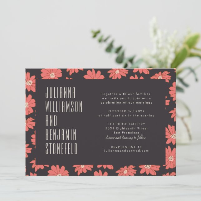 Invitation Mariage de typographie moderne rouge foncé Floral (Debout devant)