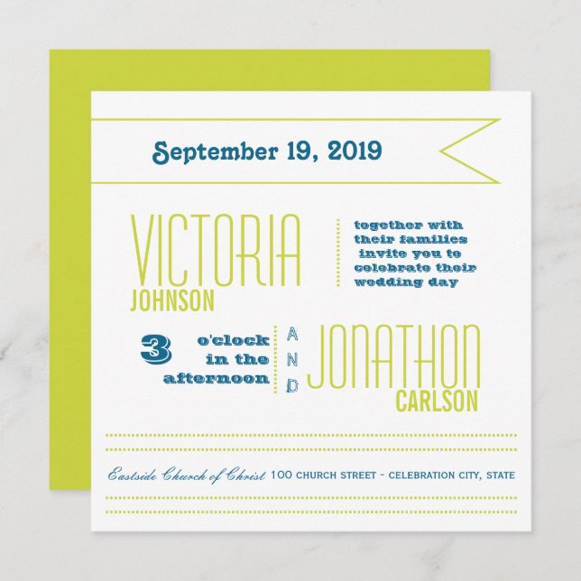 Invitation Mariage de typographie moderne turquoise et Lime (Devant / Derrière)
