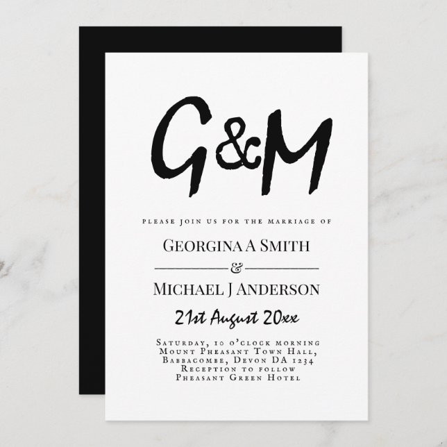 Invitation Mariage de typographie noir blanc classique (Devant / Derrière)