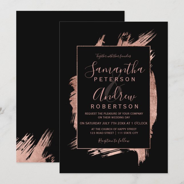 Invitation mariage de typographie rose moderne en or noir (Devant / Derrière)
