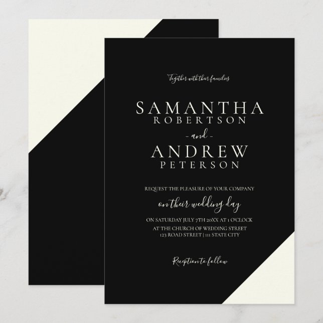 Invitation mariage de typographie simple en noir d'ivoire (Devant / Derrière)