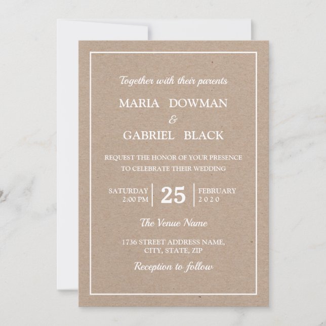 Invitation Mariage de typographie simple Kraft moderne (Devant)