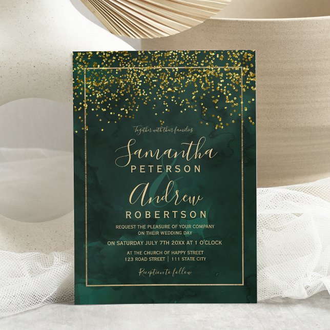 Invitation Mariage de typographie verte confetti en or chic (Créateur téléchargé)