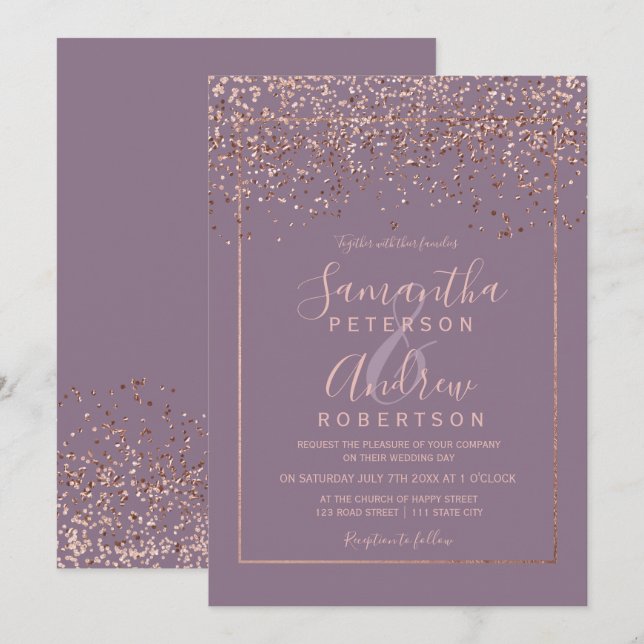 Invitation Mariage de typographie violet confetti en or rose (Devant / Derrière)