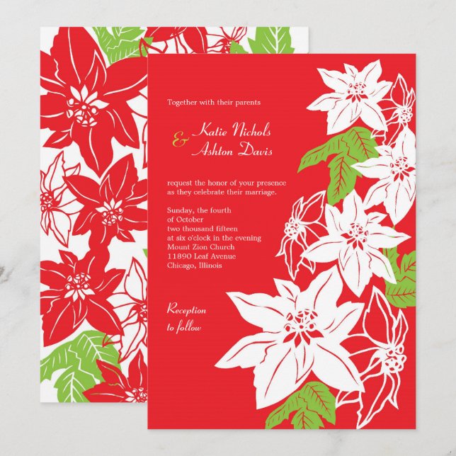 Invitation Mariage de vacances Red & Green Poinsettias (Devant / Derrière)