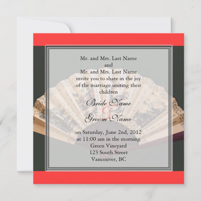 Invitation Mariage de ventilateur chinois en bambou et soie (Devant)
