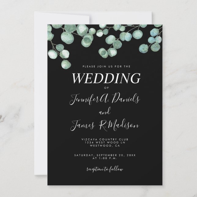 Invitation Mariage de verdure Eucalyptus Botanique Noire (Devant)