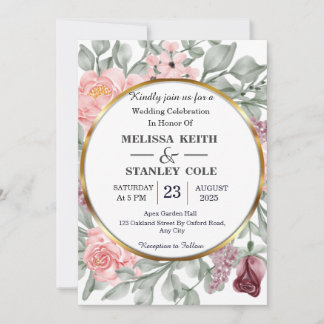 Invitation Mariage de verdure fleurie à cadre rose et or rust