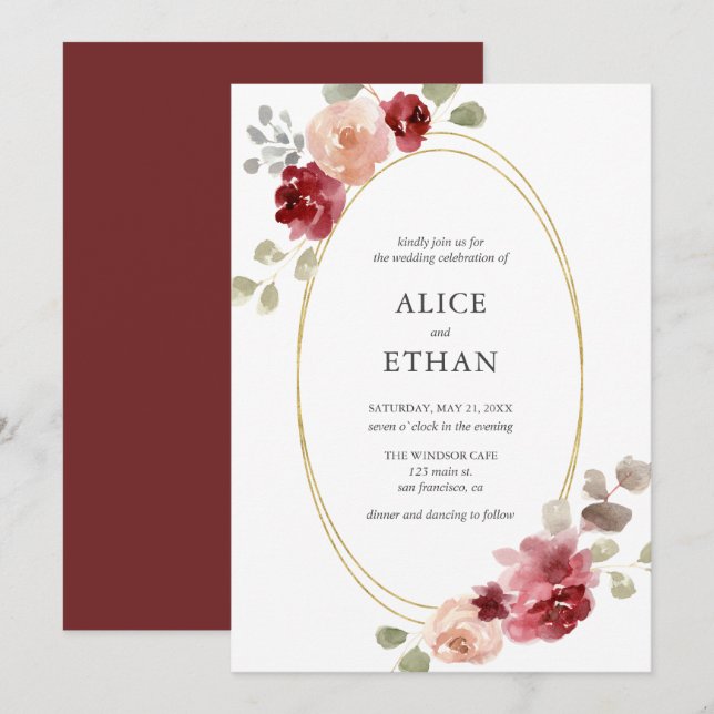 Invitation Mariage de verdure géométrique Bourgogne (Devant / Derrière)