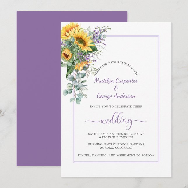 Invitation Mariage de verdure Lavande de tournesol Eucalyptus (Devant / Derrière)