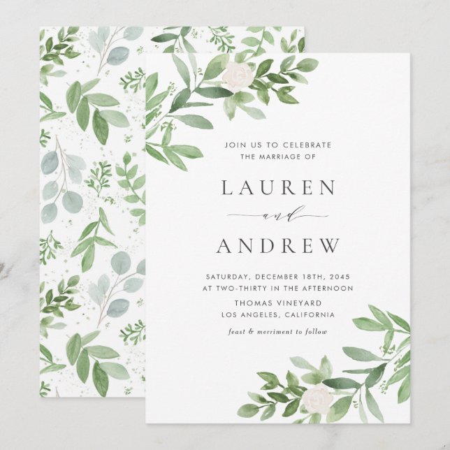 Invitation Mariage de verdure romantique et de fleurs blanche (Devant / Derrière)