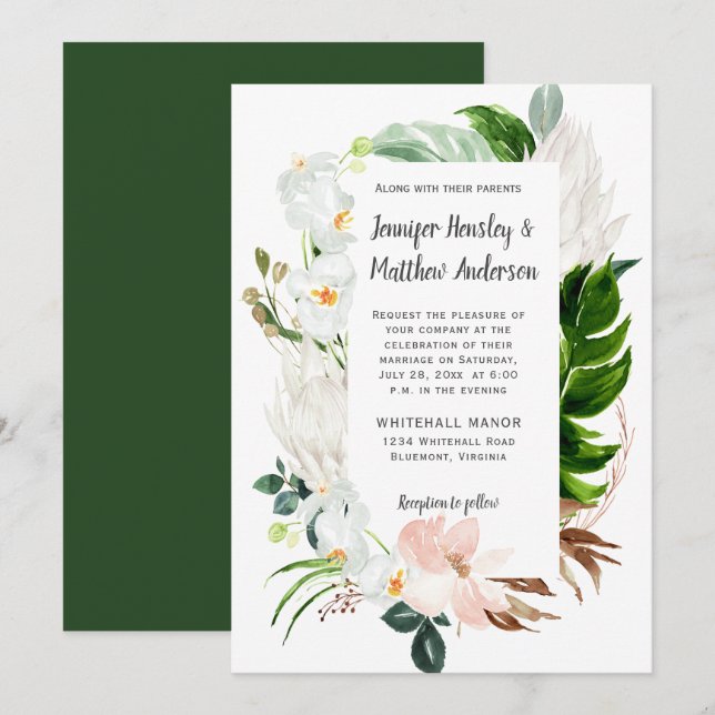 Invitation Mariage de verdure tropicale blanc pâle (Devant / Derrière)
