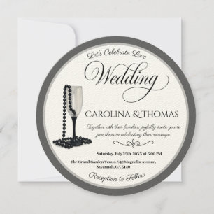 Invitation Mariage de verre de champagne Black & White Pearl