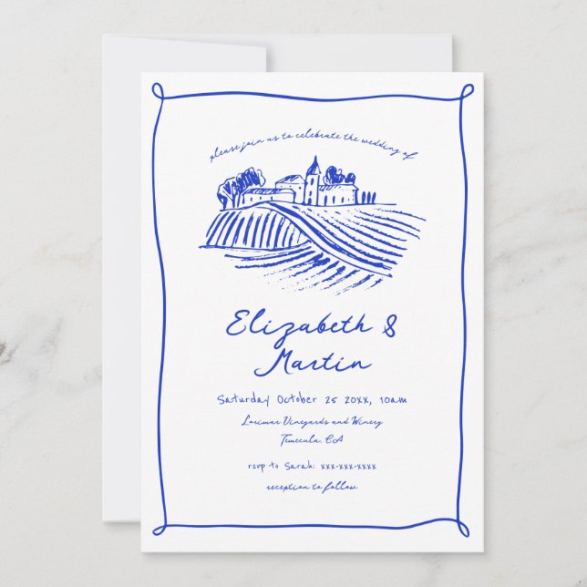 Invitation Mariage de vignoble Blue Trendy à la main (Devant)