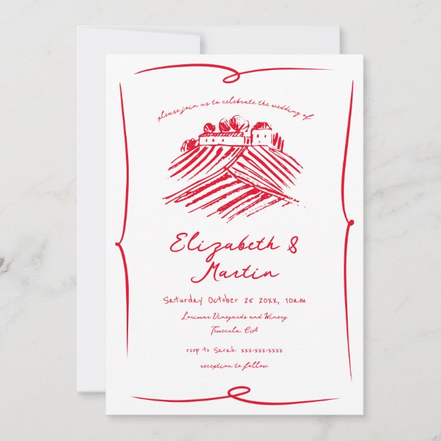 Invitation Mariage de vin rouge à main fanée (Devant)