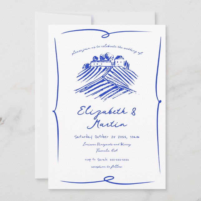 Invitation Mariage de vinerie bleu français tiré à la main (Devant)