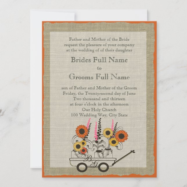 Invitation Mariage de Wagon du pays de tournesol orange (Devant)