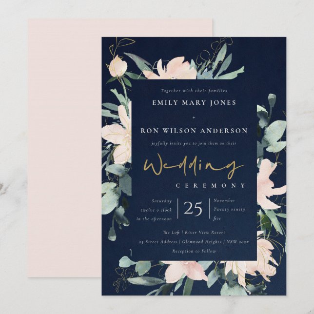 INVITATION MARIAGE D'EAU COULEUR D'ENCRE D'ENCRE FLORALE BLAN (Devant / Derrière)