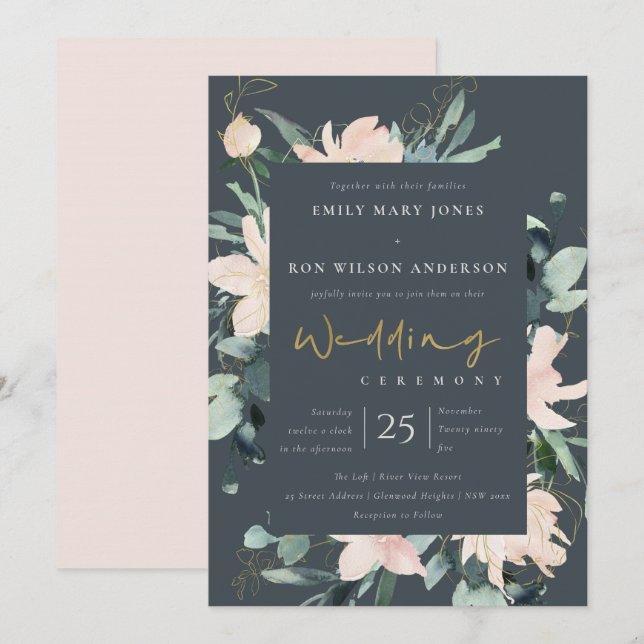 INVITATION MARIAGE D'EAU COULEUR D'ENCRE FLORALE BLEU GRAS (Devant / Derrière)
