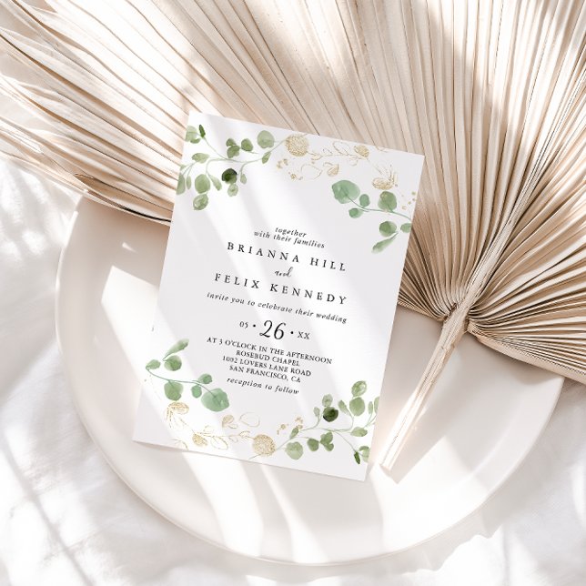 Invitation Mariage Décontracté Gold Confetti Eucalyptus Folia (Créateur téléchargé)