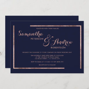 Invitation mariage d'écriture bleu marine rose moderne de la 