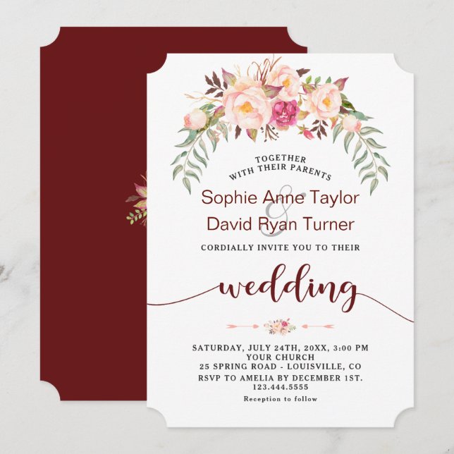 Invitation Mariage d'écriture de fleurs de Burgundy Automne (Devant / Derrière)