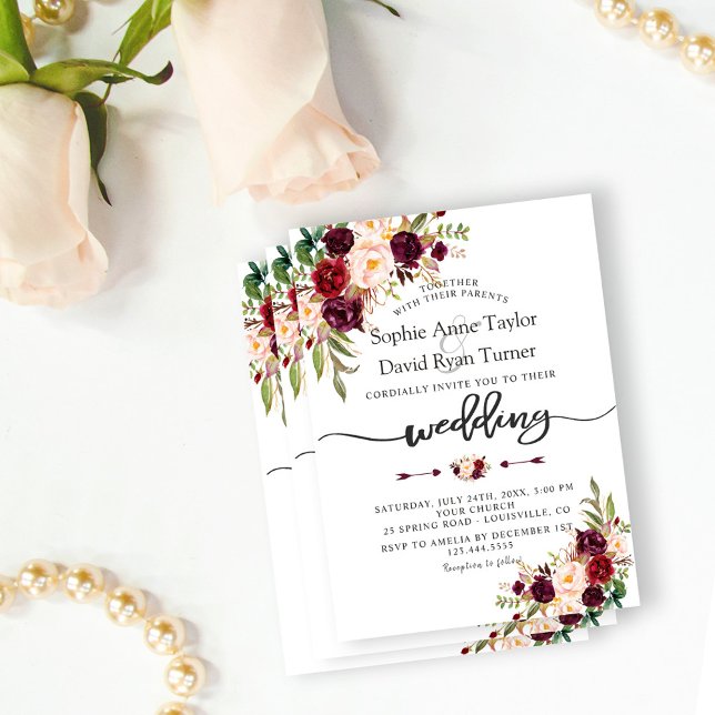 Invitation Mariage d'écriture florale de Bourgogne moderne (watercolour burgundy flowers wedding, trendy floral calligraphy wedding, chic pink burgundy wedding)