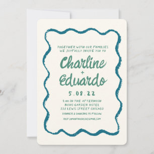 Invitation Mariage d'écriture manuscrite bleu et vert rétro