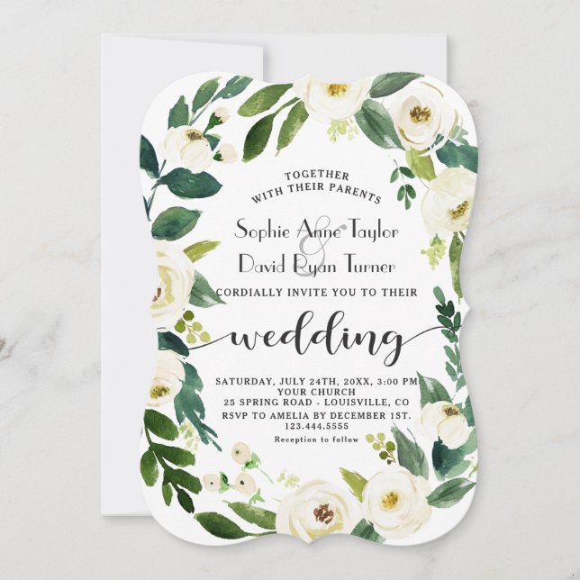Invitation Mariage d'écriture manuscrite florale en fleurs bl (Devant)