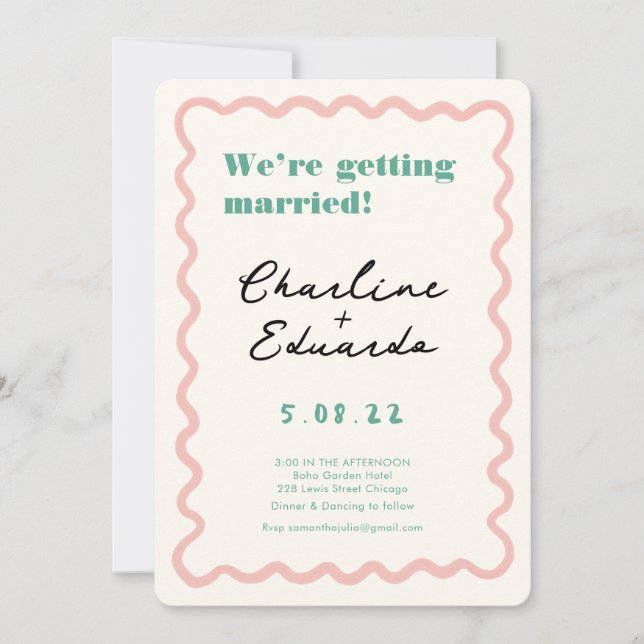 Invitation Mariage d'écriture manuscrite rétro rose et verte (Devant)