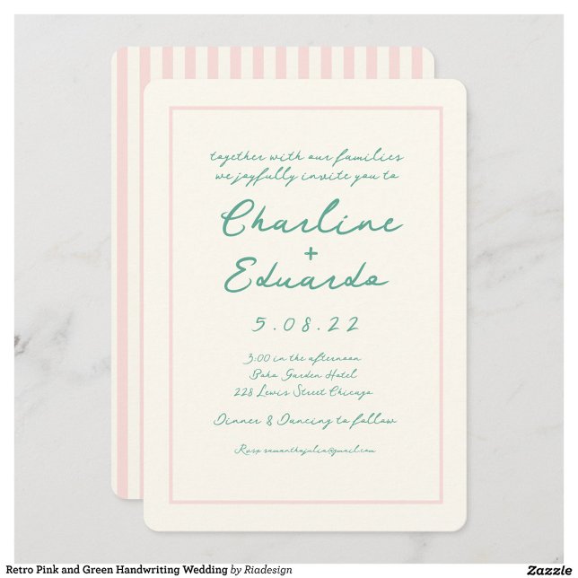 Invitation Mariage d'écriture manuscrite rétro rose et verte (Créateur téléchargé)