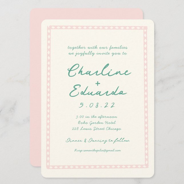 Invitation Mariage d'écriture manuscrite rétro rose et verte (Créateur téléchargé)